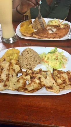 Chicken, rice, salad and plantain
