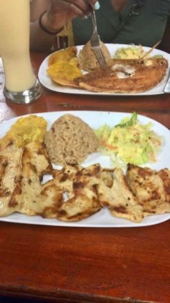Chicken, rice, salad and plantain